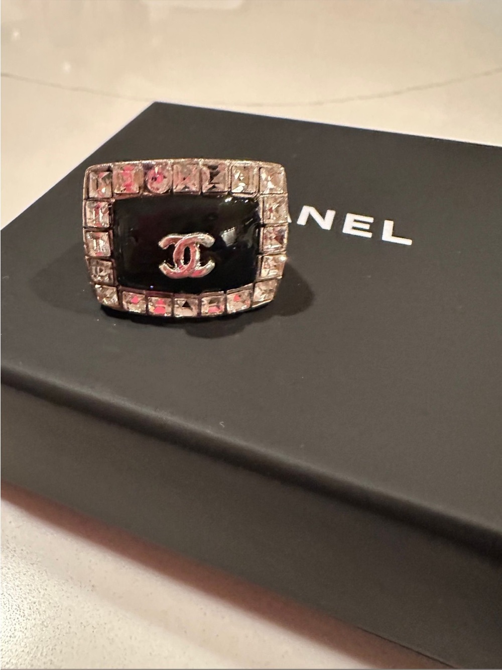 CHANEL Black Enamel CC Logo Ring with Crystal Border